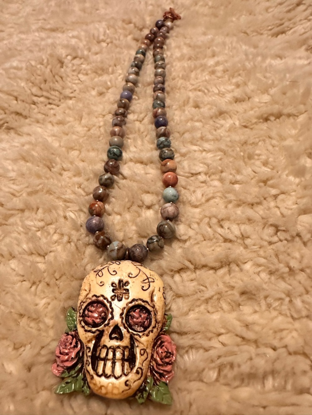 Multicolor Handcrafted Beaded Necklace with Cream Floral Skull Pendant